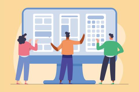 Graphic of people standing in front of computer screen