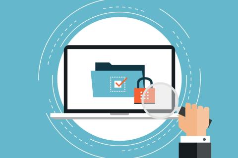 Graphic of man holding magnifying glass over folder