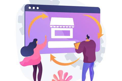 Graphic of people in front of computer