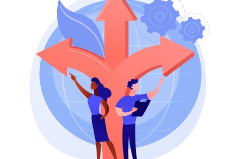 Graphic of woman and man pointing