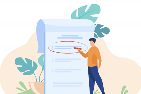 Illustration of a person standing beside a large vendor application form.