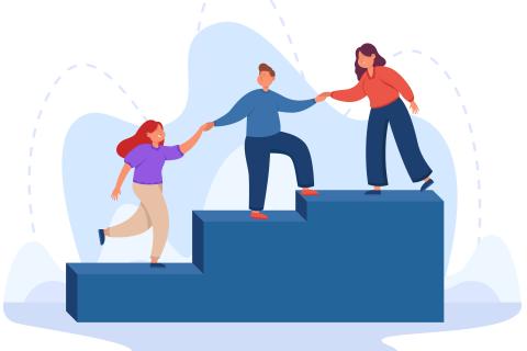 Graphic of people helping people up stairs