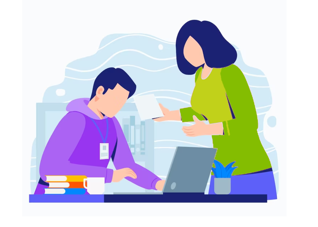 Person helping someone with paperwork.