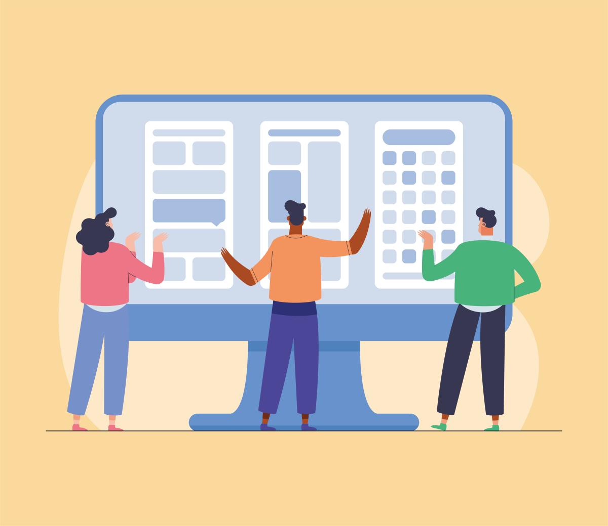 Graphic of people standing in front of computer screen