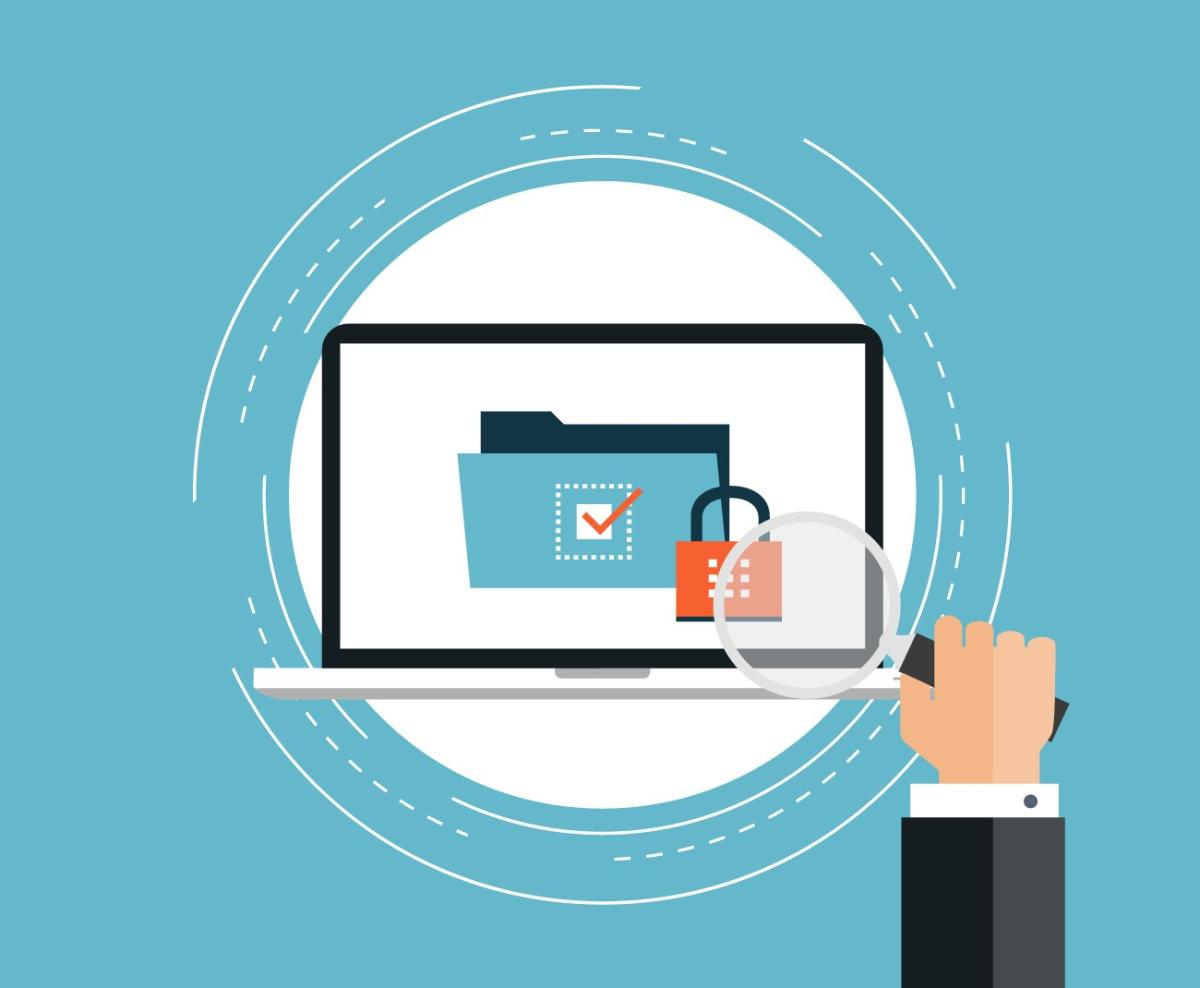 Graphic of man holding magnifying glass over folder