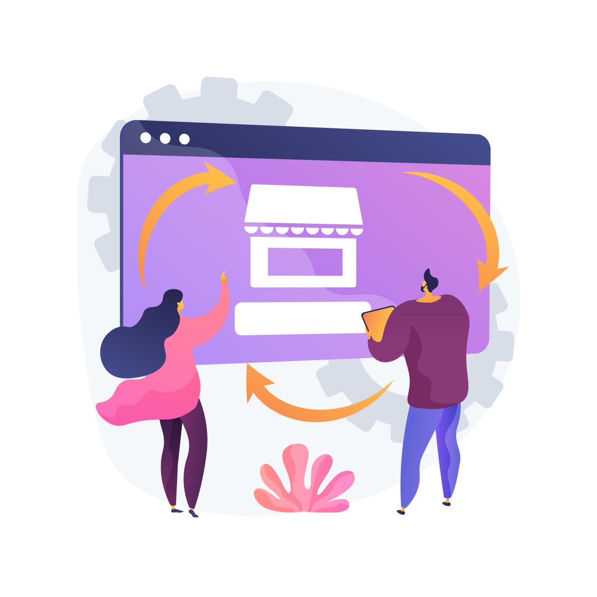 Graphic of people in front of computer