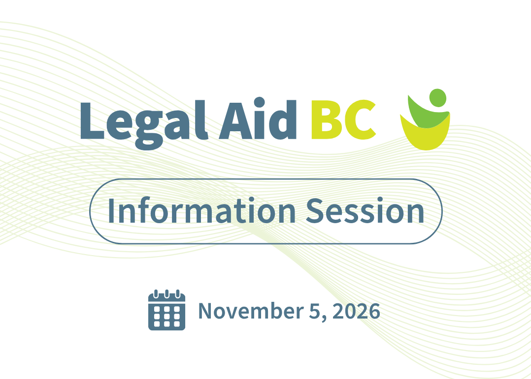 A green and blue graphic for Legal Aid BC's information session