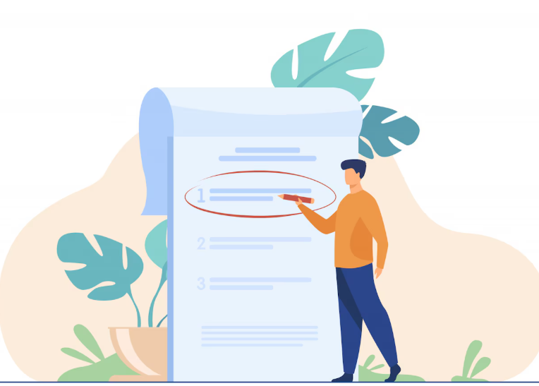Illustration of a person standing beside a large vendor application form.